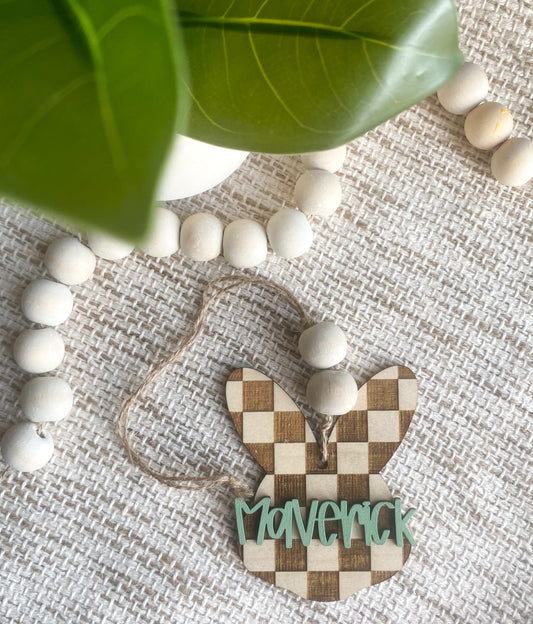 Personalized Checkered Bunny Name Tag – Maple Wood 🐰✨